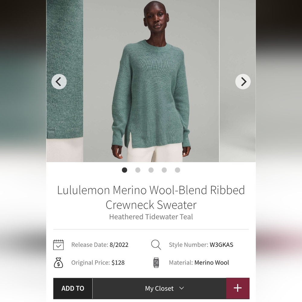 Lululemon Merino Wool-Blend Ribbed Crewneck SweaterHeathered Tidewater Teal